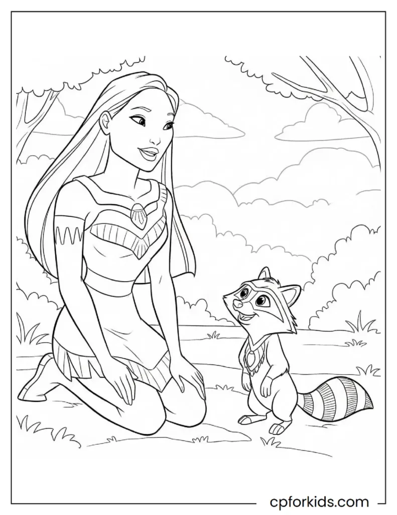 Printable Pocahontas Coloring Pages: Nature, Meeko & Flit Adventures 23 Simple Pocahontas Coloring Pages featuring the princess having a fun chat with her playful raccoon friend Meeko.