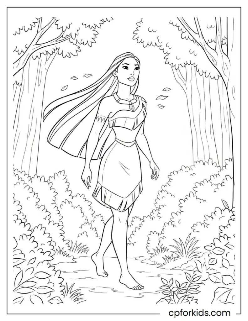 Printable Pocahontas Coloring Pages: Nature, Meeko & Flit Adventures 26 Simple outline Pocahontas Coloring Pages of the princess walking through the heart of nature.