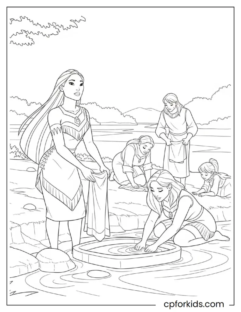 Printable Pocahontas Coloring Pages: Nature, Meeko & Flit Adventures 27 Easy Pocahontas Coloring Pages for young kids: Pocahontas doing daily chores by the riverside.