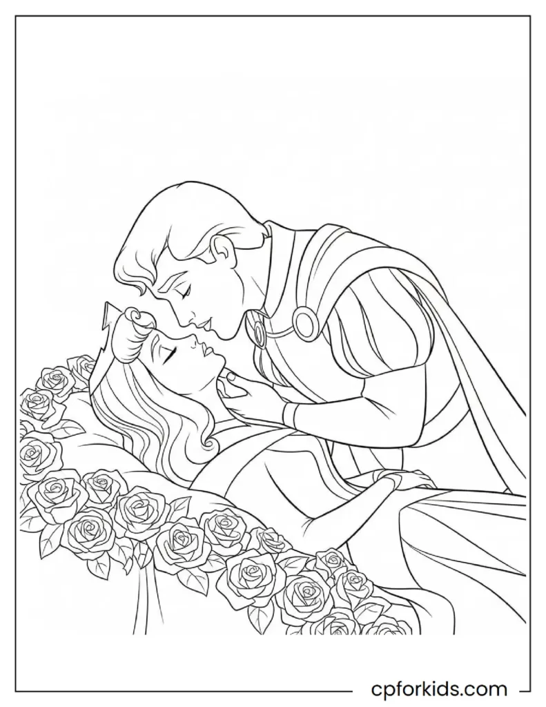 Prince Phillip is kissing the sleeping beauty princess Aurora to break the spell.