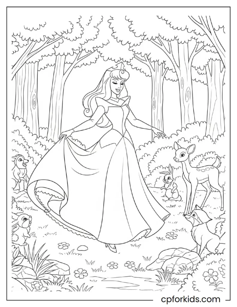 Princess Aurora, the sleeping beauty, dancing with deer, rabbits, and birds in the forest.