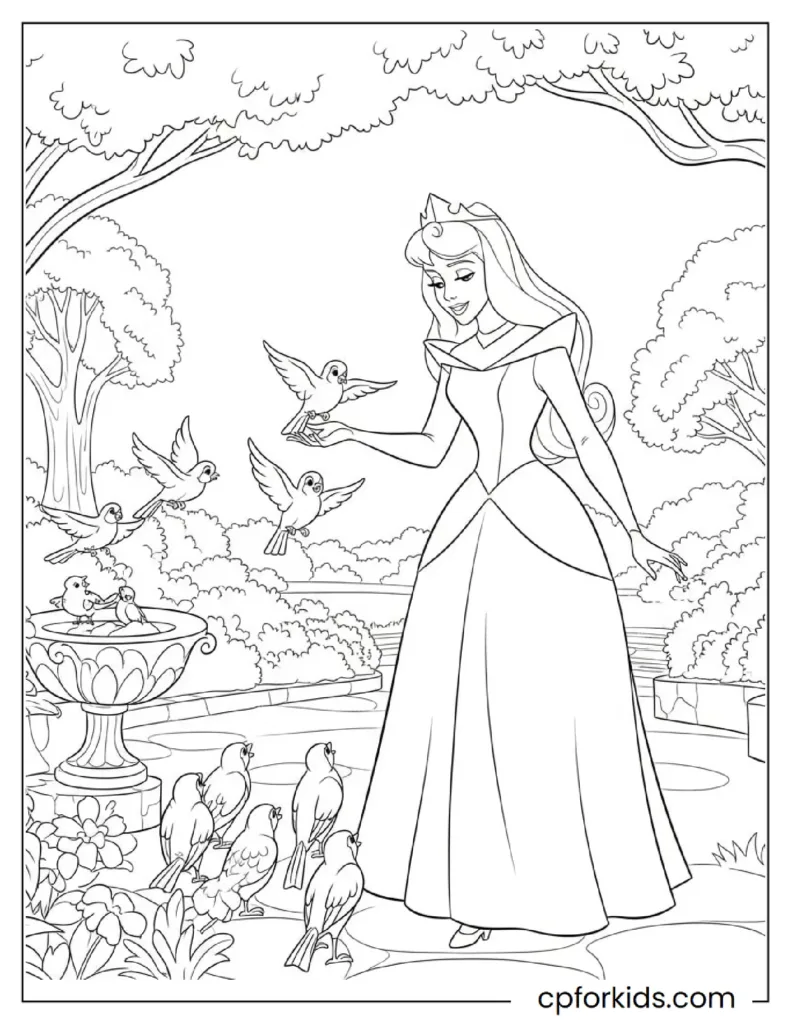 Aurora feeding birds in the palace garden with a smile