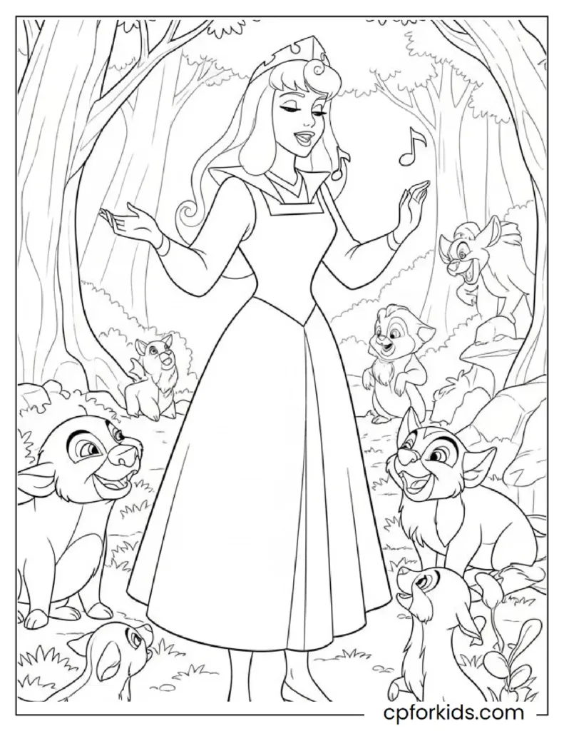Peasant Aurora singing in the forest with birds