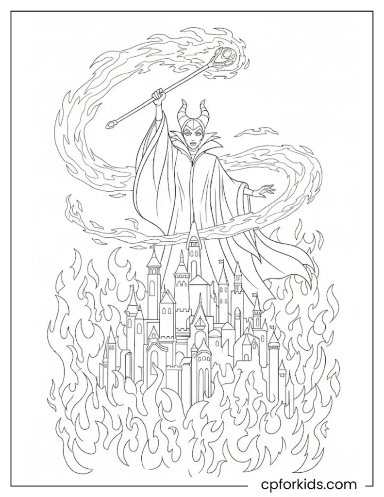 Maleficent casting a fire spell with green flames