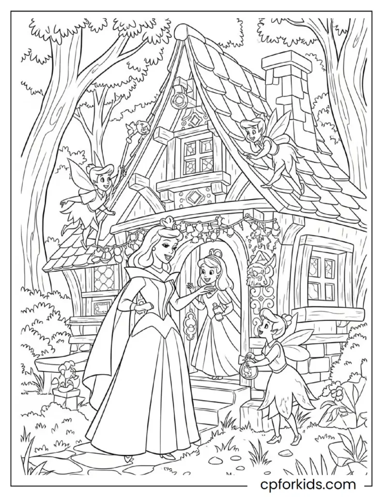 Aurora decorating cottage with Flora, Fauna, and Merryweather
