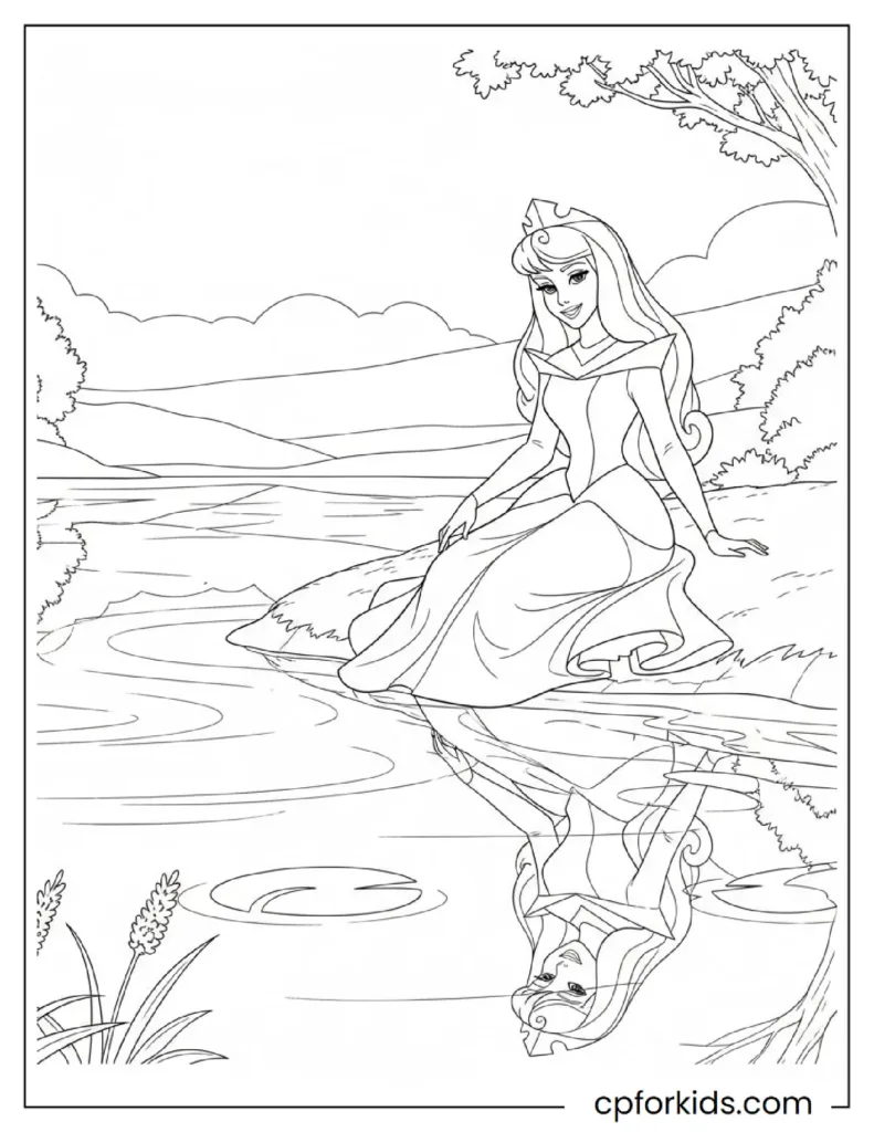 Aurora sitting beside a lake, gazing at her reflection