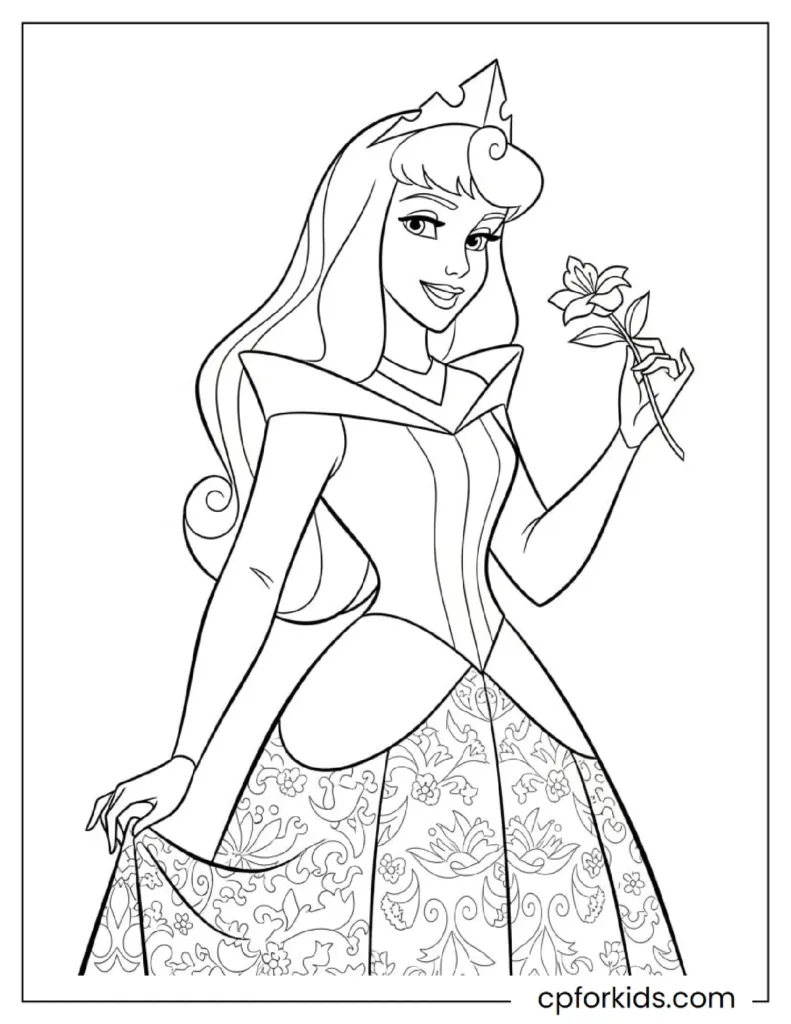 Princess Aurora in coronation dress holding a flower