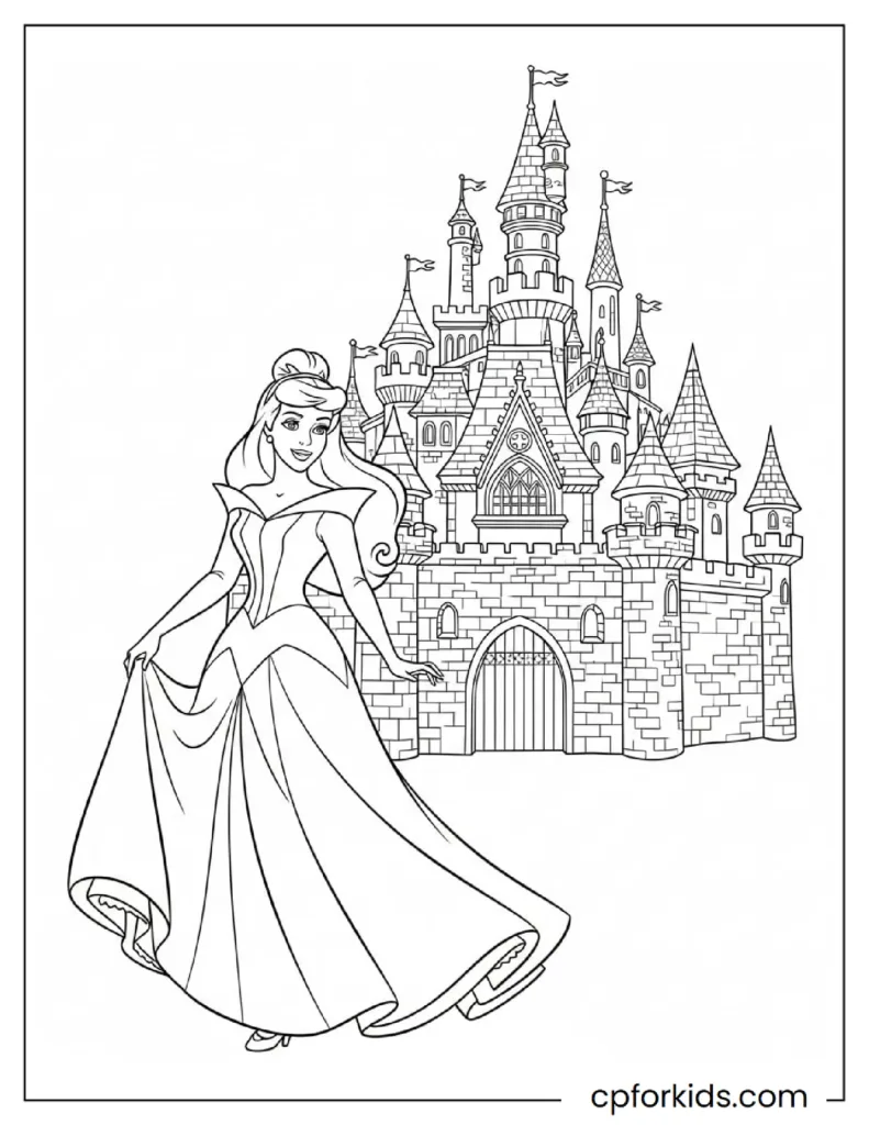 Aurora in front of her castle with a smile