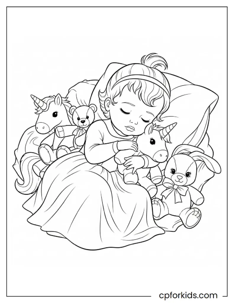Baby Sleeping Beauty with soft toys and fairies around