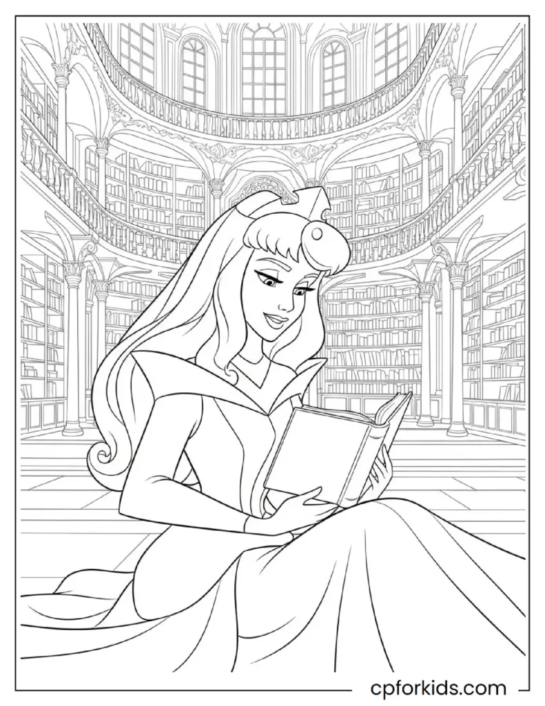Aurora sitting and reading a book in royal library