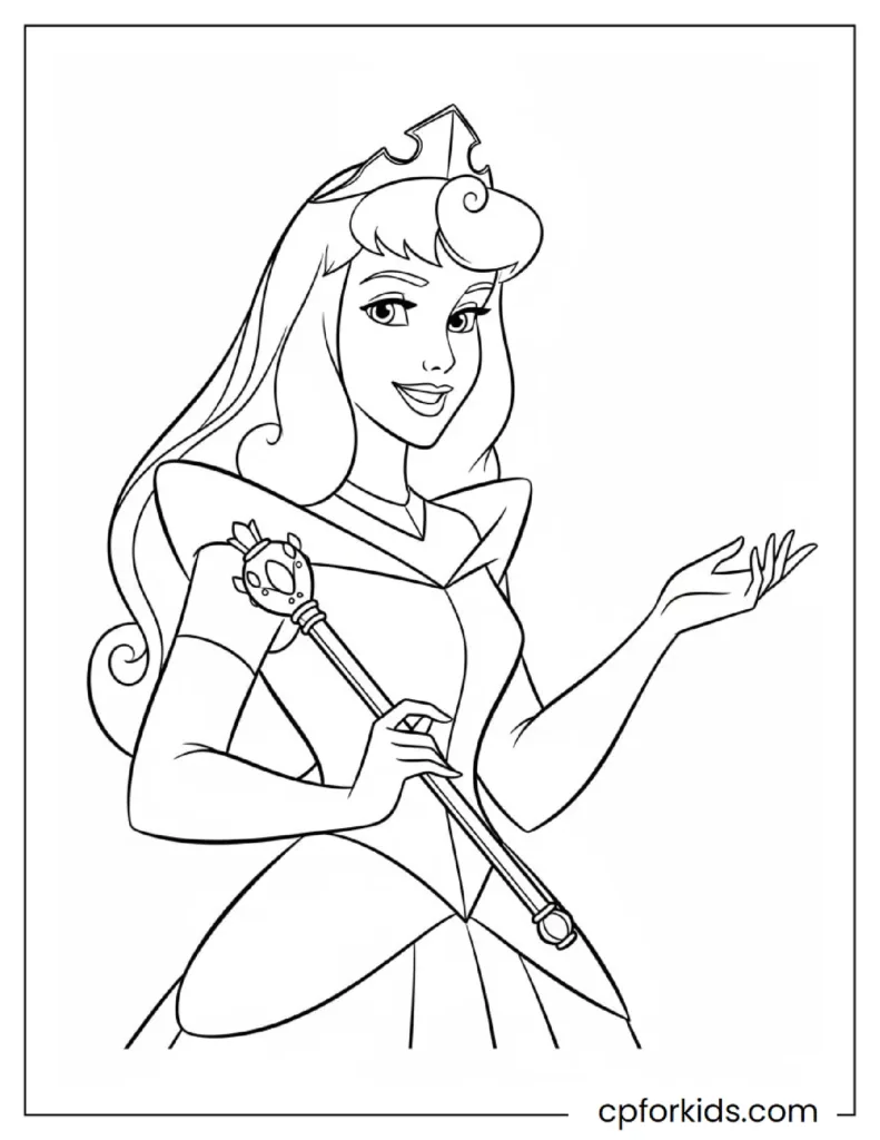 Aurora holding her crown and scepter with a smile