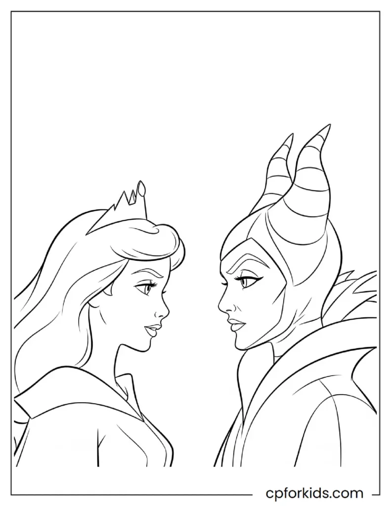 Aurora and Maleficent facing each other in dramatic pose.