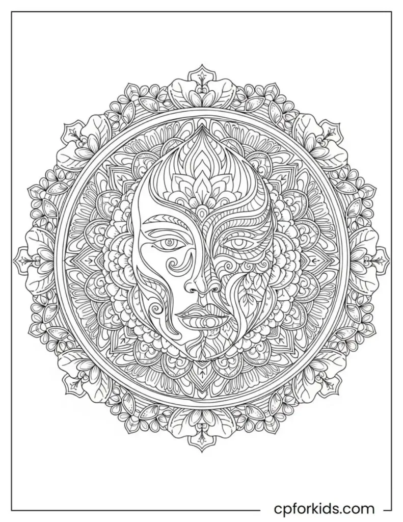 Abstract human face with geometric mandala patterns for detailed adult coloring.