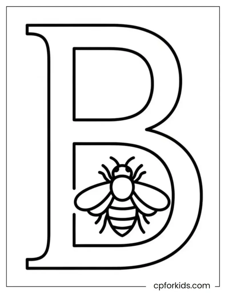 The letter B, which features a cute bee drawing for coloring the alphabet.