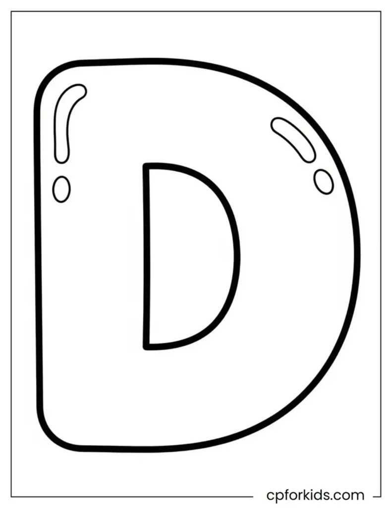 A thick outlined black and white letter D for children.