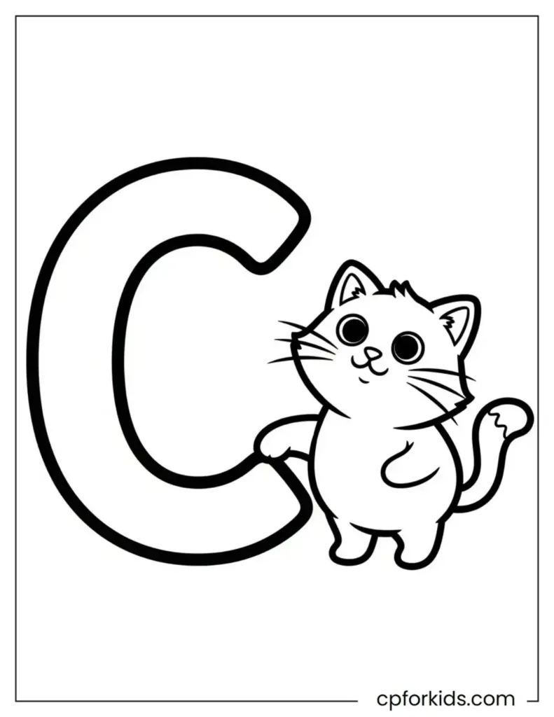 The letter C with a cartoon cat that children can color.