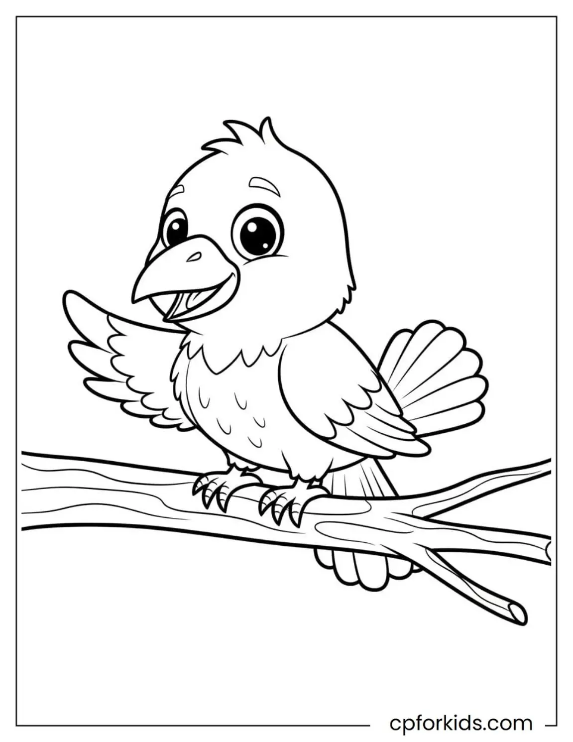 Crow perched on a branch with one wing raised