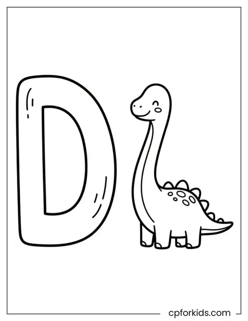 The letter D, which is a cute cartoon dinosaur for coloring.