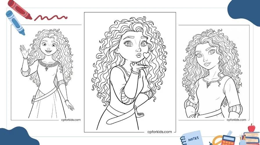 Perfect free printable Brave Merida coloring pages with simple outlines and a white background for kids, themed after Princess.