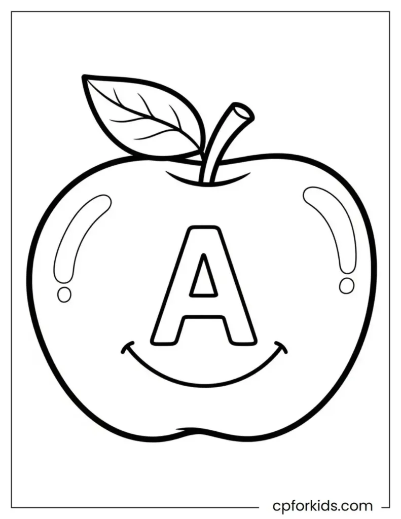 The letter A has a charming apple illustration for coloring.