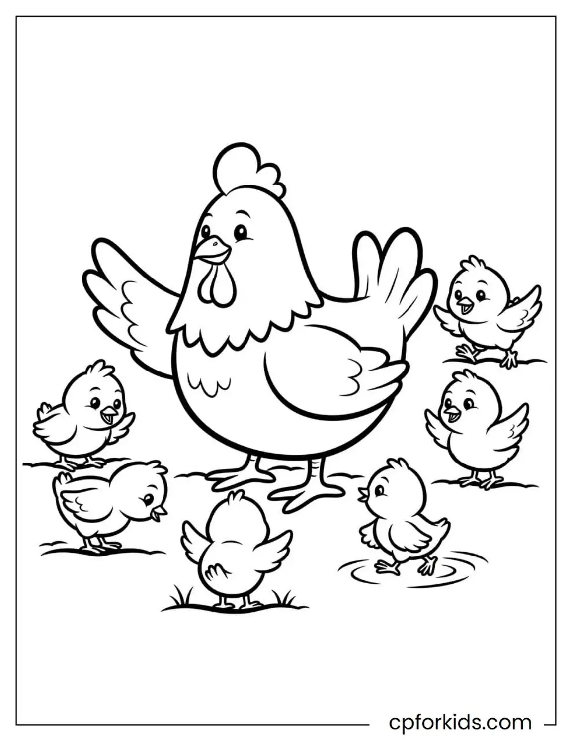 Hen standing with several chicks around her