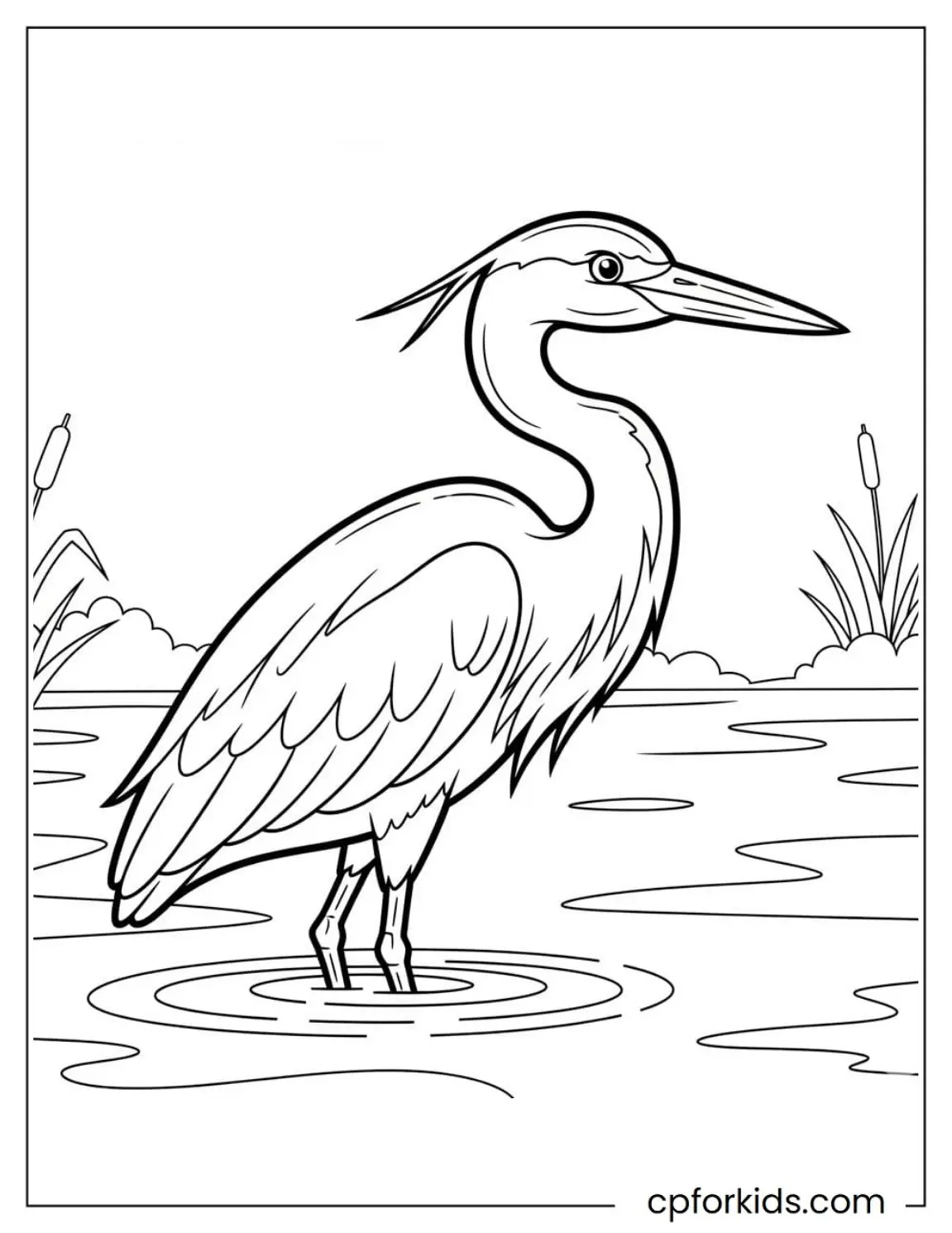 Heron standing in water near reeds