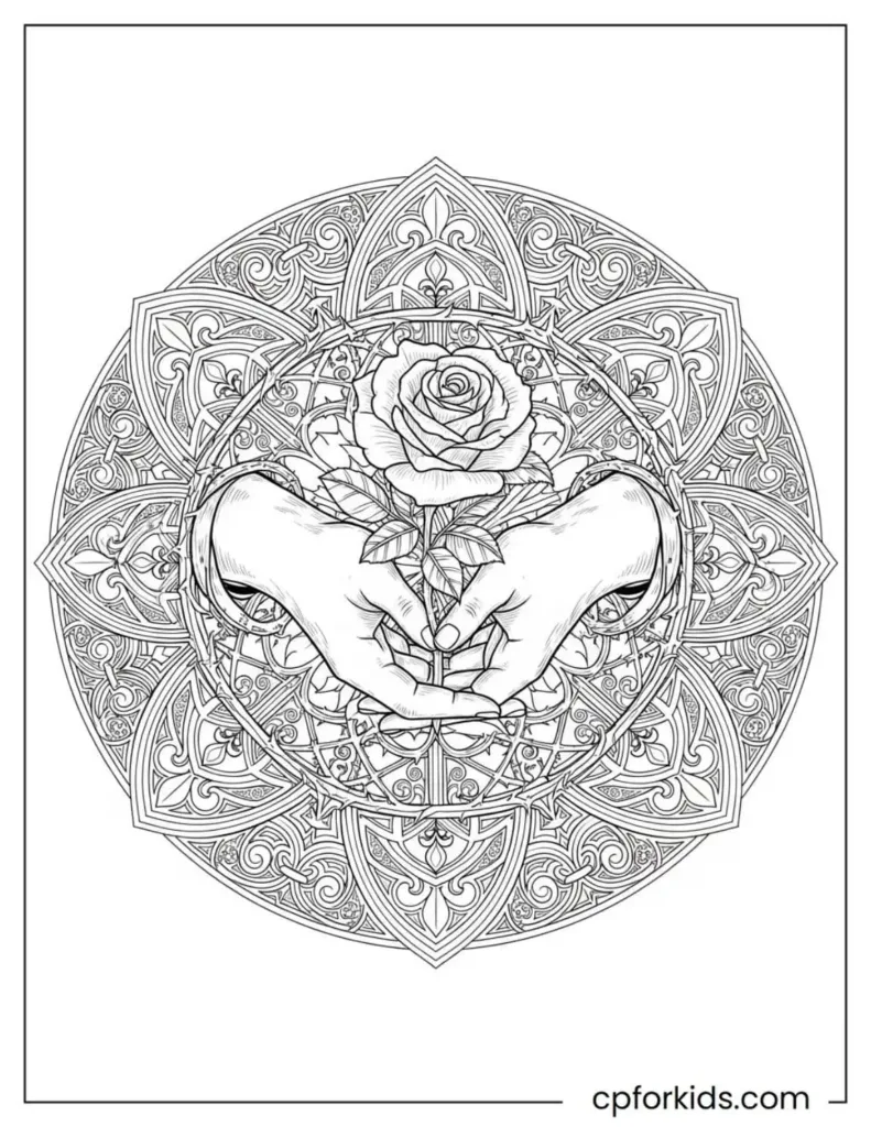 Intertwined hands holding a rose in the center of the mandala pattern.