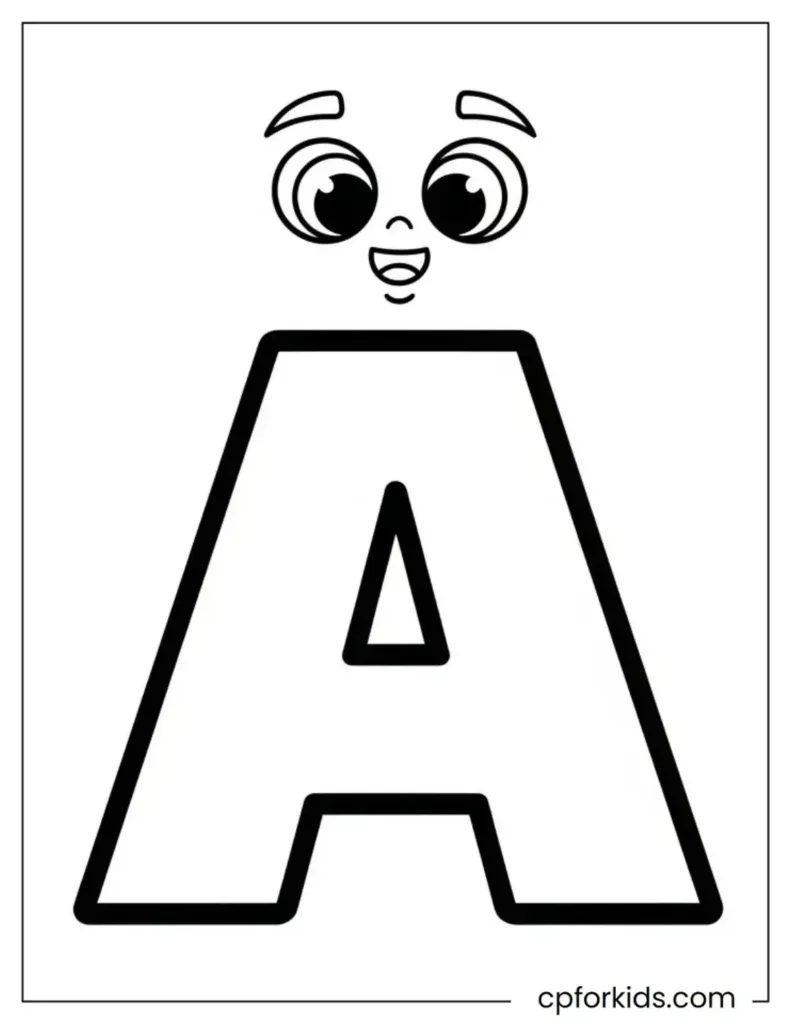 The black and white draft of the large letter A, which children can color.
