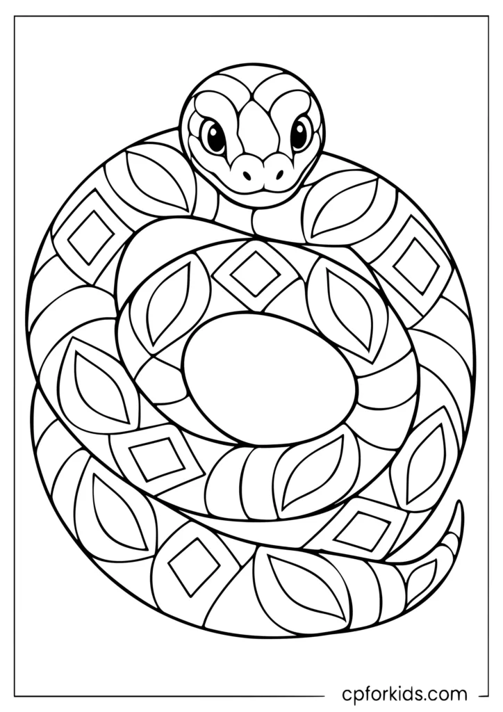 A snake drawn in a circular mandala style, with a black outline design.