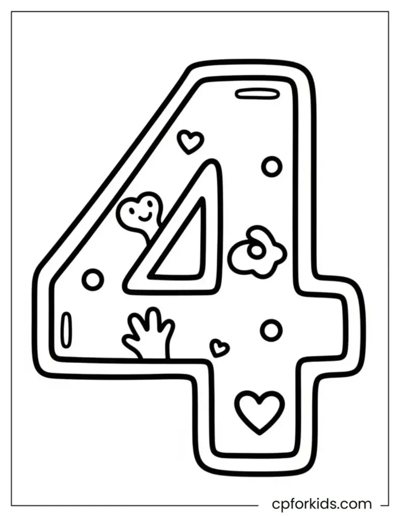 An educational coloring page featuring the number 4 for preschool kids.