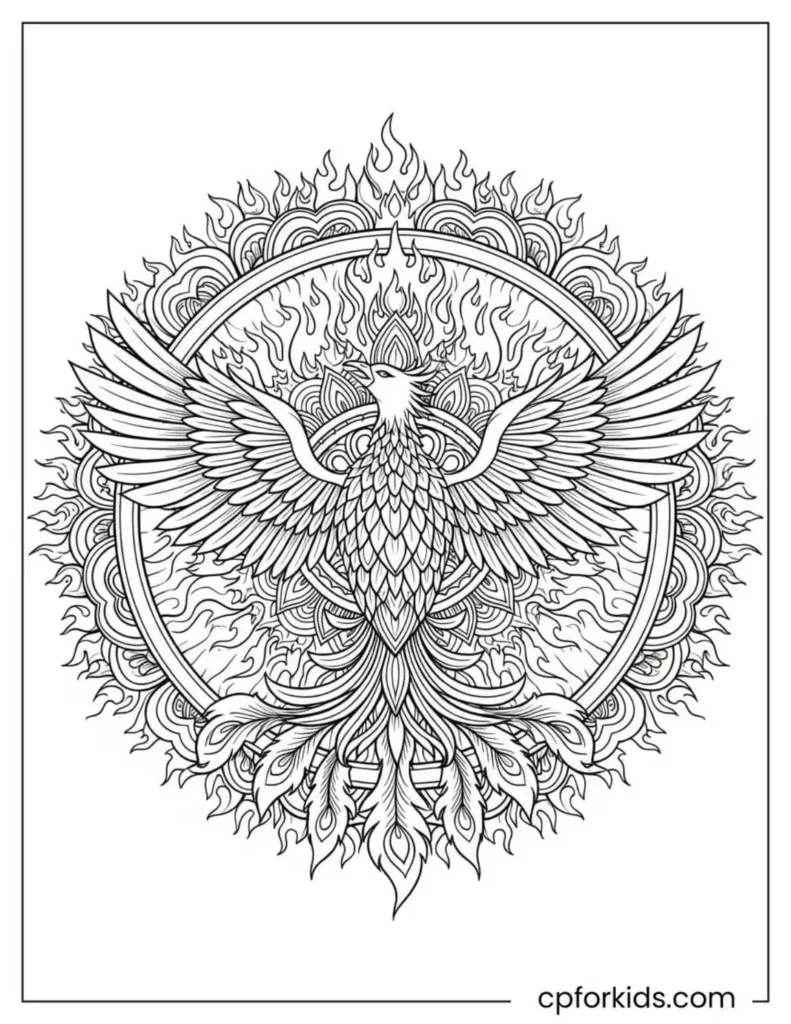 The phoenix rising from the flames creates a circular mandala pattern.
