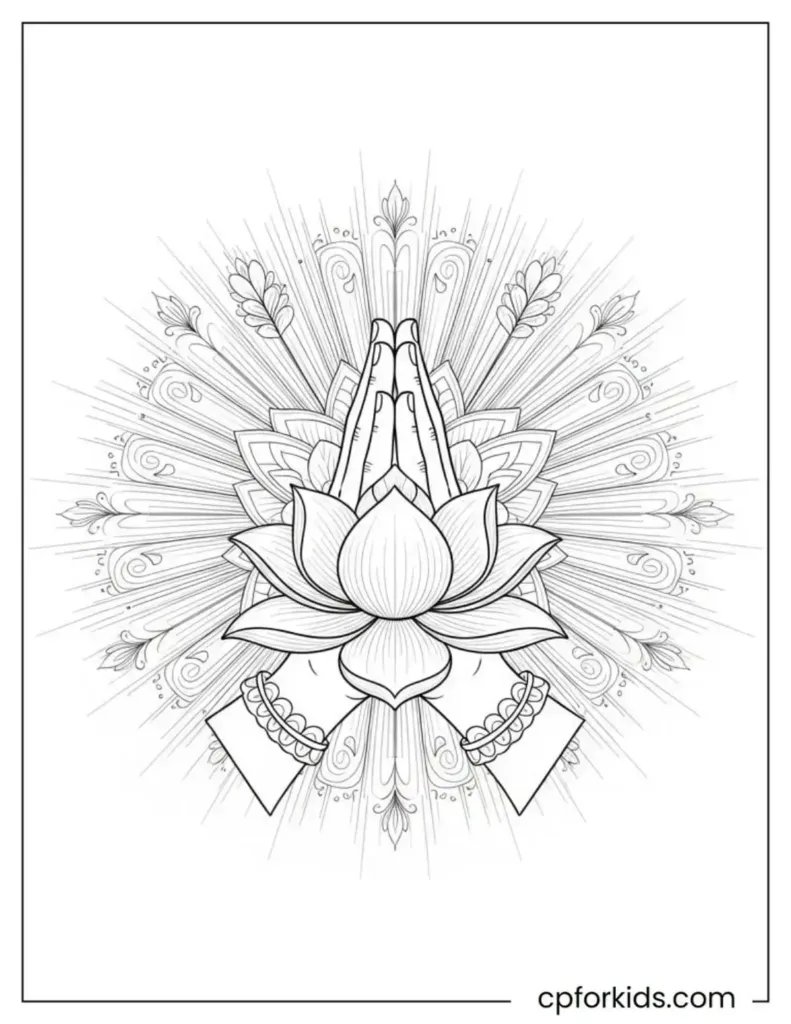 A mandala designed for mindfulness, featuring hands in prayer on a lotus flower.