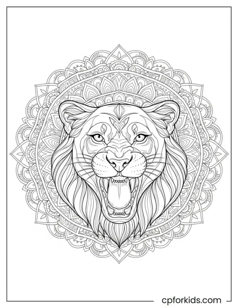 A roaring lion face in a bold, symmetrical mandala tattoo design