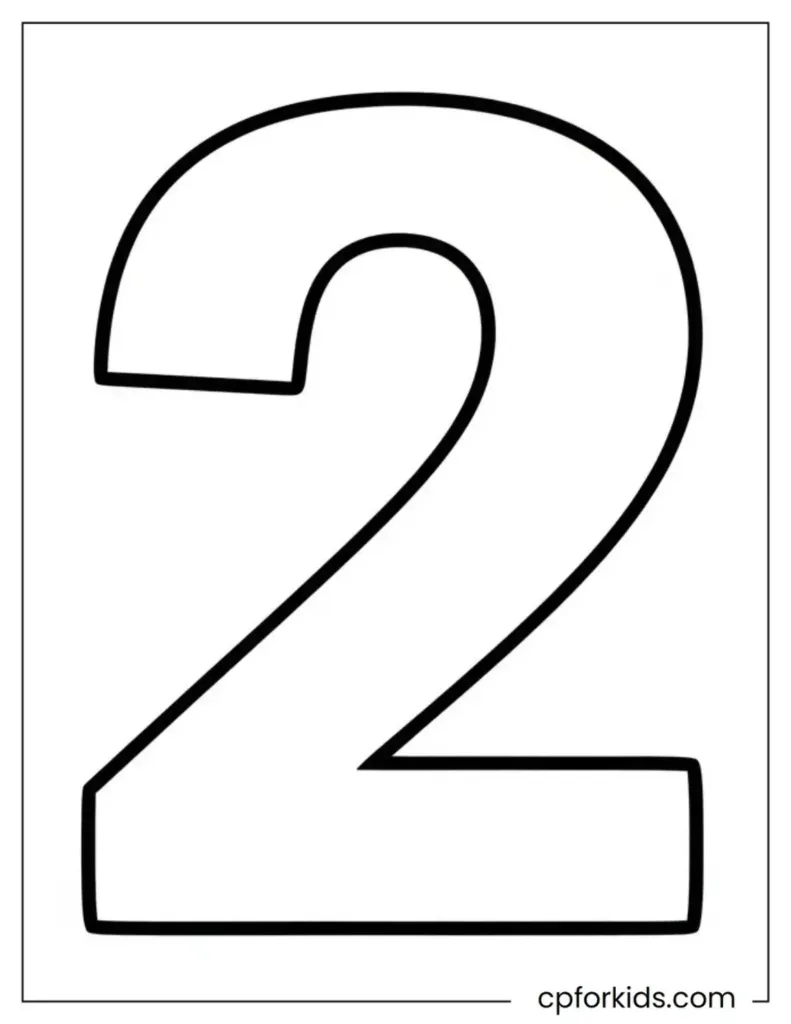 A clear and simple coloring page of the number 2 for preschool kids.