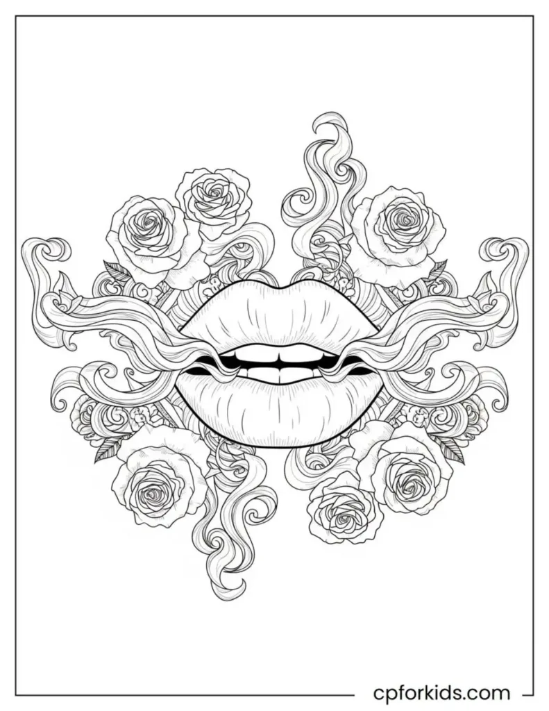 An artistic mandala with smoky lips and rose details in a surreal design.