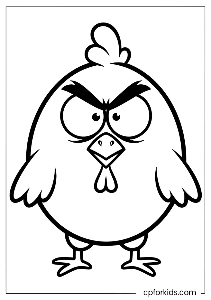 Angry bird style chicken coloring page in cartoon outline