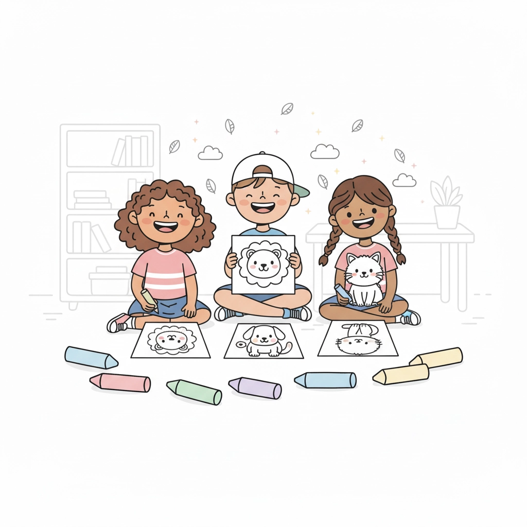 A cute cartoon drawing of a lion and a puppy being colored by a child, representing our collection of animal-themed coloring sheets.