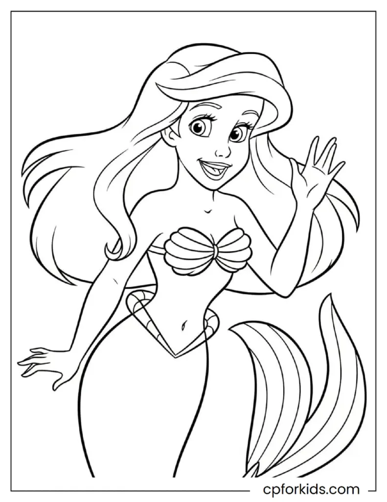 Easy and simply designed, cute princess Ariel coloring page for kids waving at the screen.