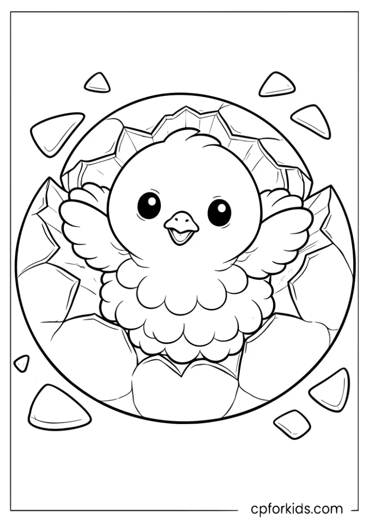 Cute chick hatching from egg coloring page