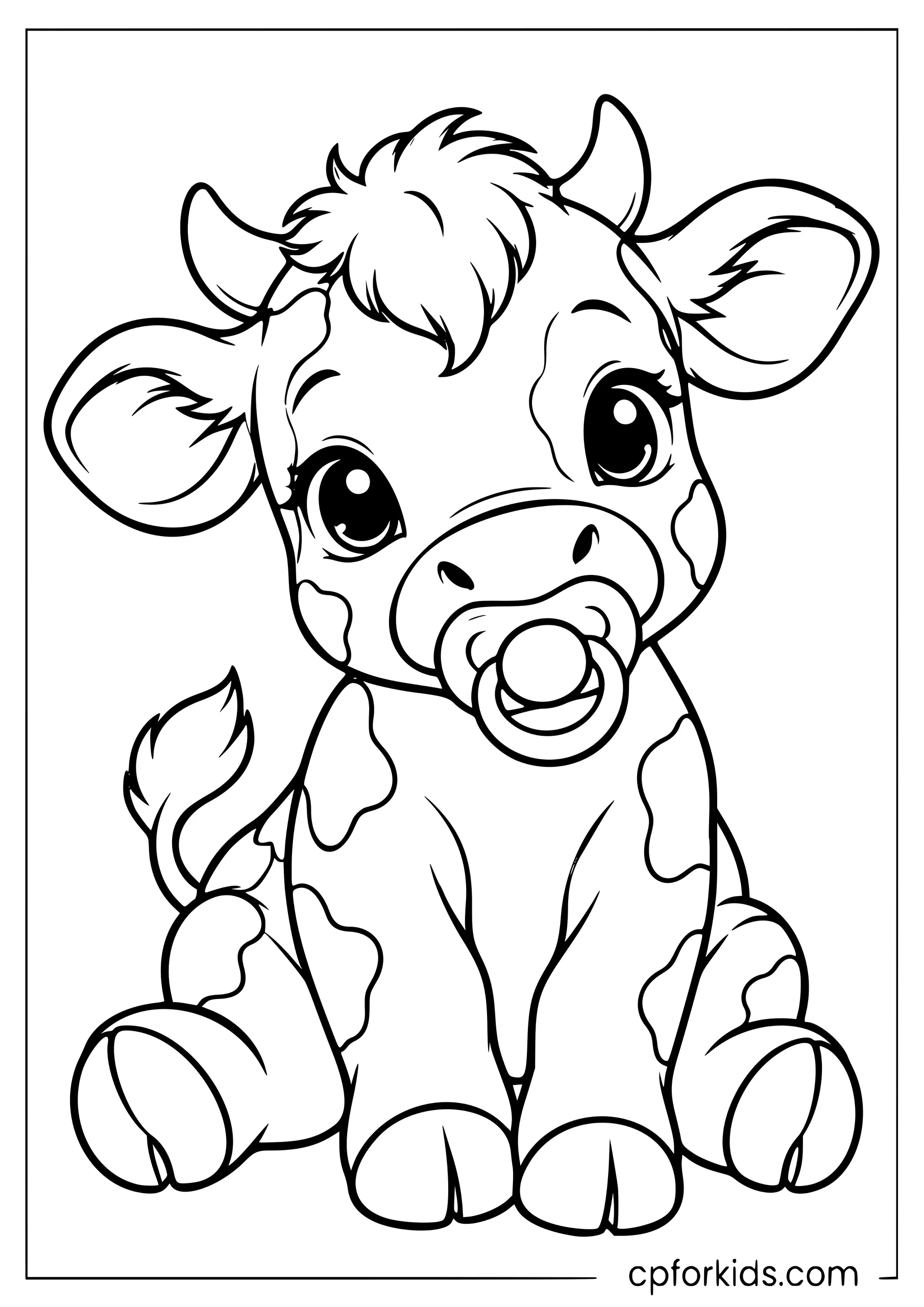 Baby calf sitting with a pacifier in its mouth
