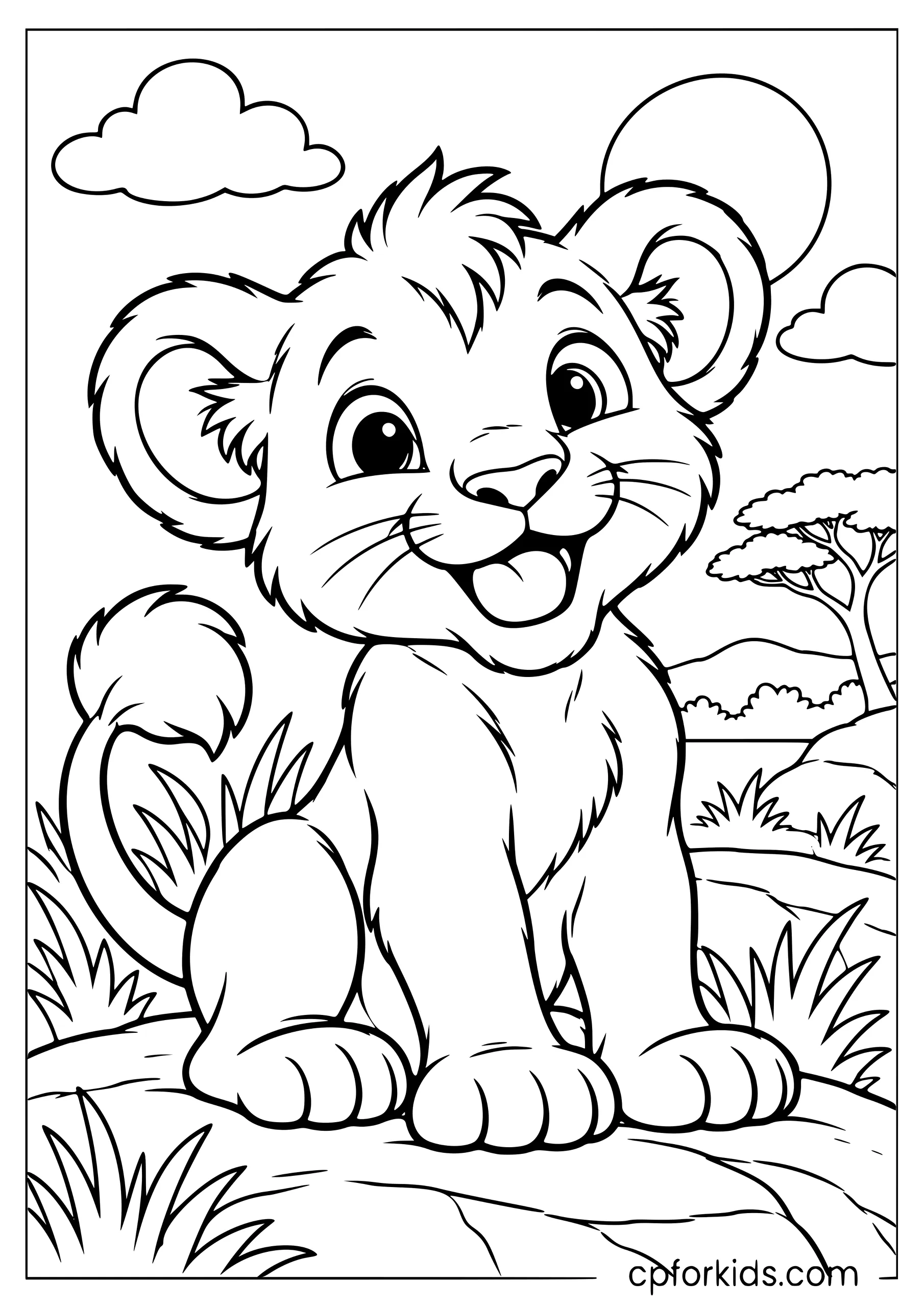 Smiling baby lion cub with a happy face