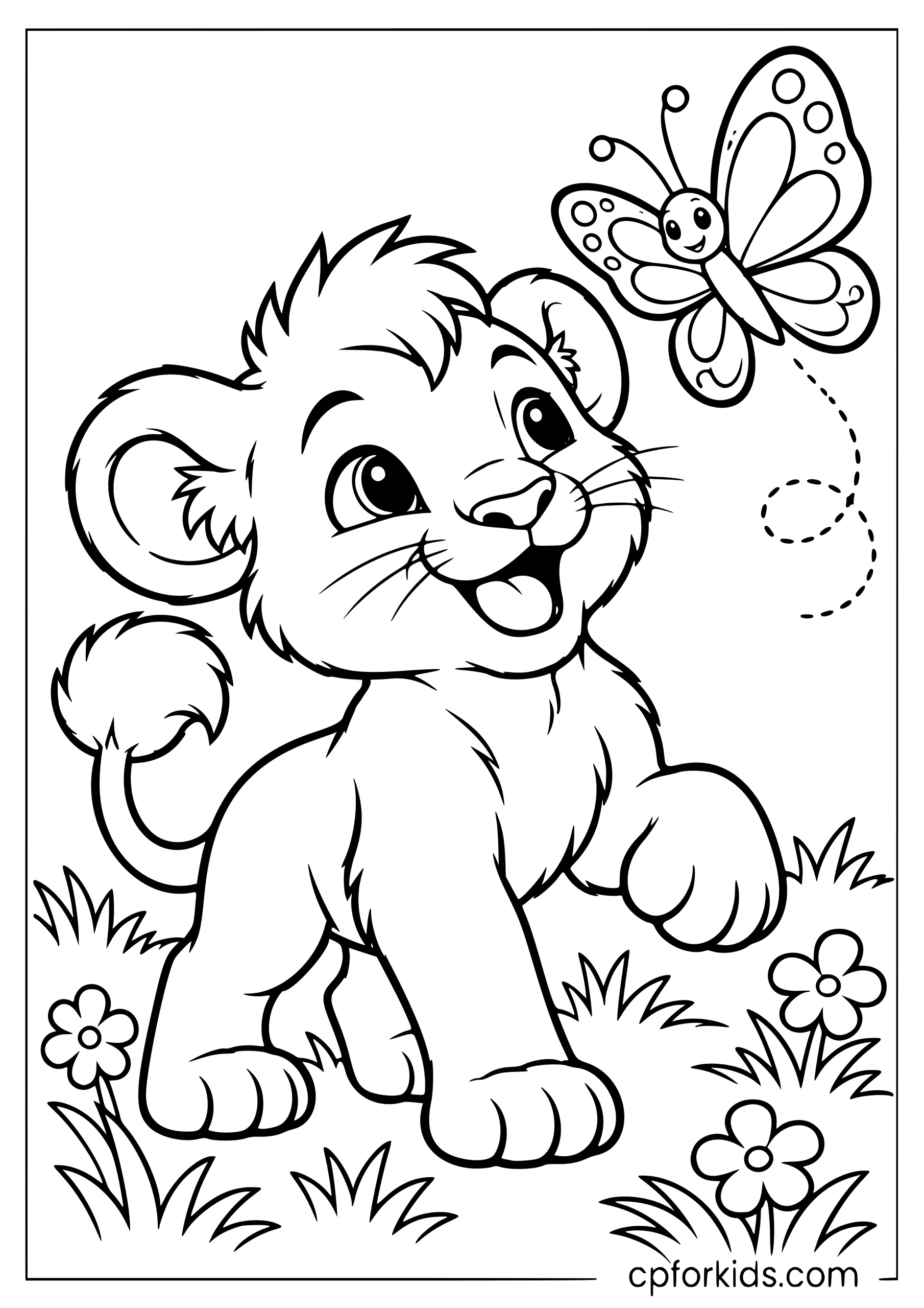 Lion cub watching a butterfly nearby