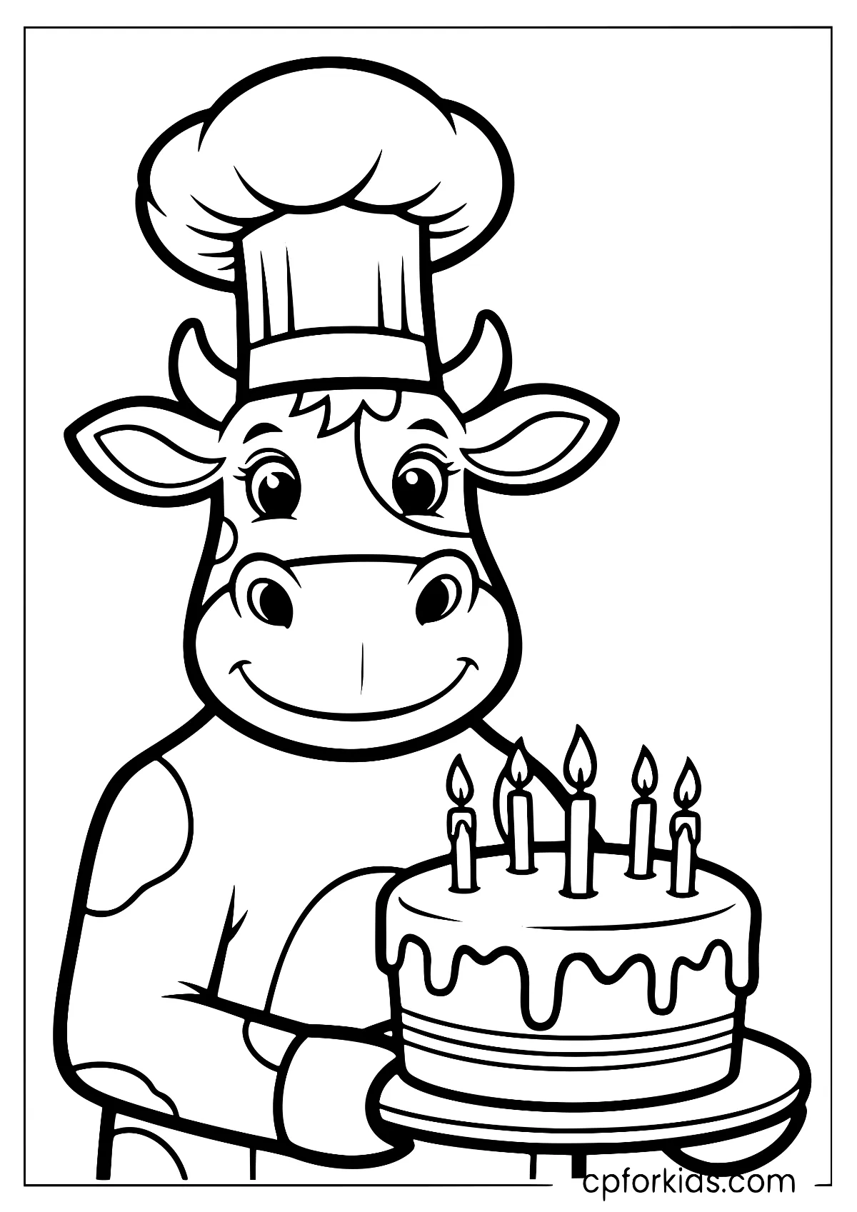 Baker cow holding a large birthday cake