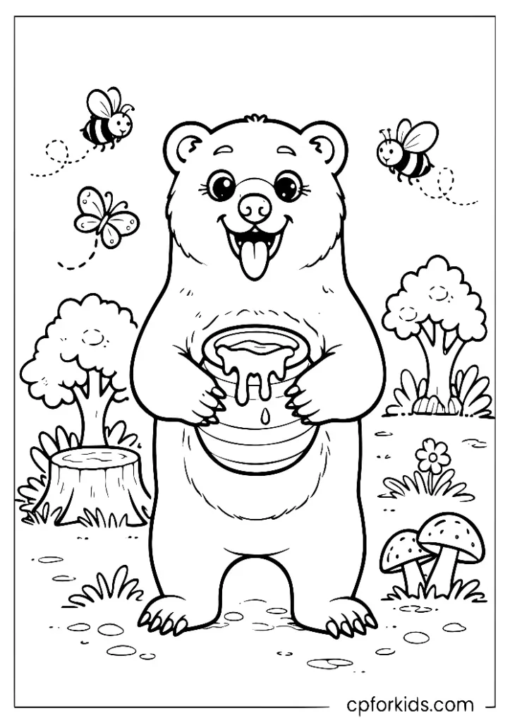 Mischievous sun bear and its honey treasure, forest printable.