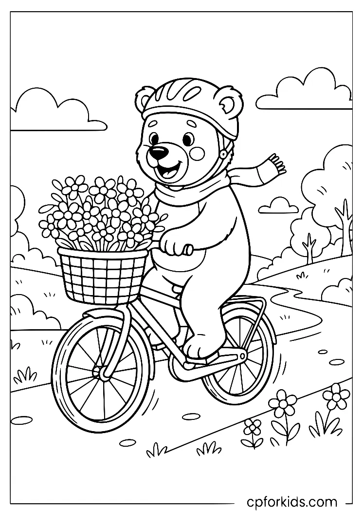 Bear riding a bicycle through the park