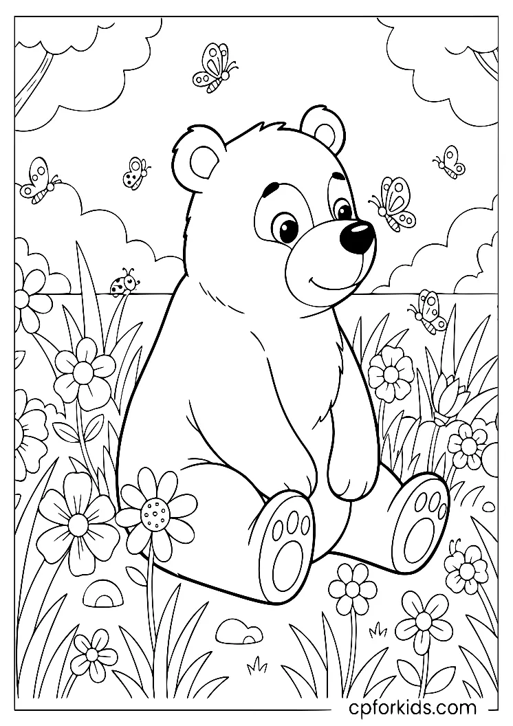 Bear and butterfly together in a blooming garden