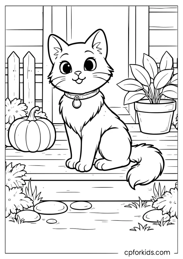 Black cat sitting on a porch step beside a pumpkin coloring page