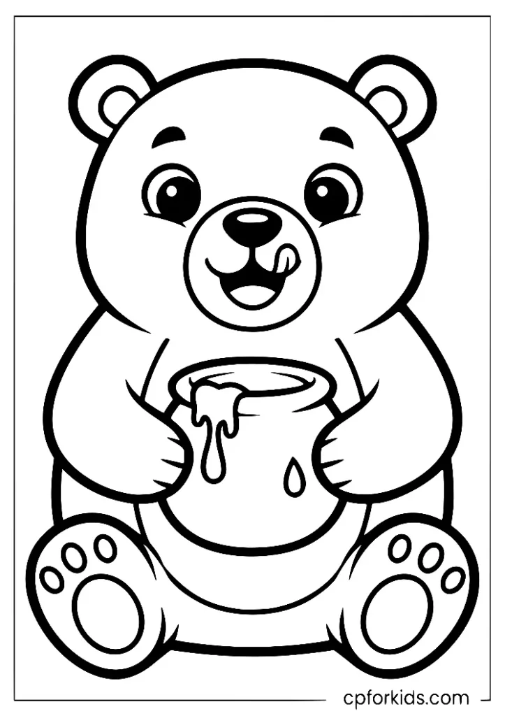 Easy brown bear with honey, toddler-friendly coloring sheet.