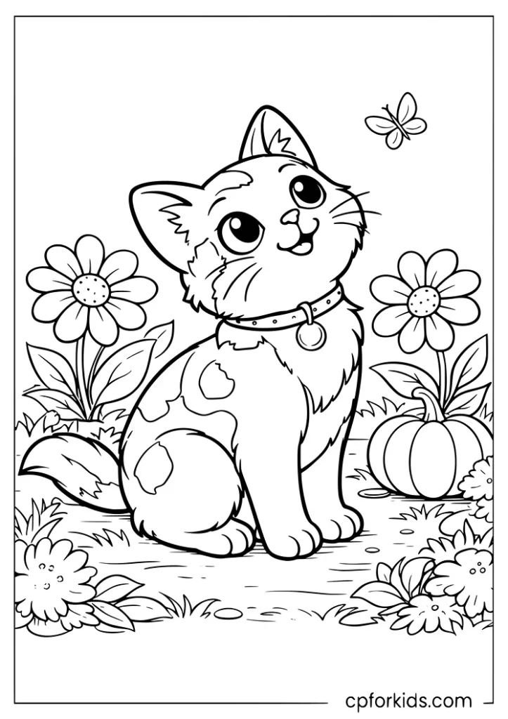 Calico kitten sitting in a flower garden coloring page