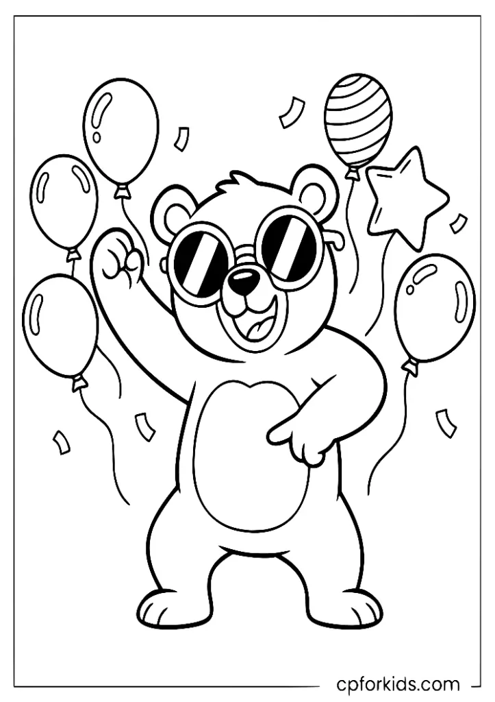Groovy bear busting moves at the celebration, party coloring sheet.